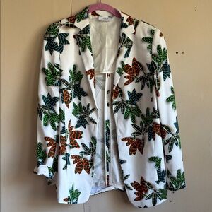 Akris Punto Tropical Leaf White Blazer with Green, Blue & Orange Print